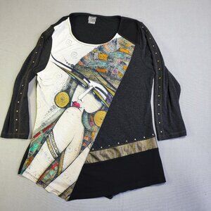 Simply Art by Dolcezza blouse women's size M black with graphic design